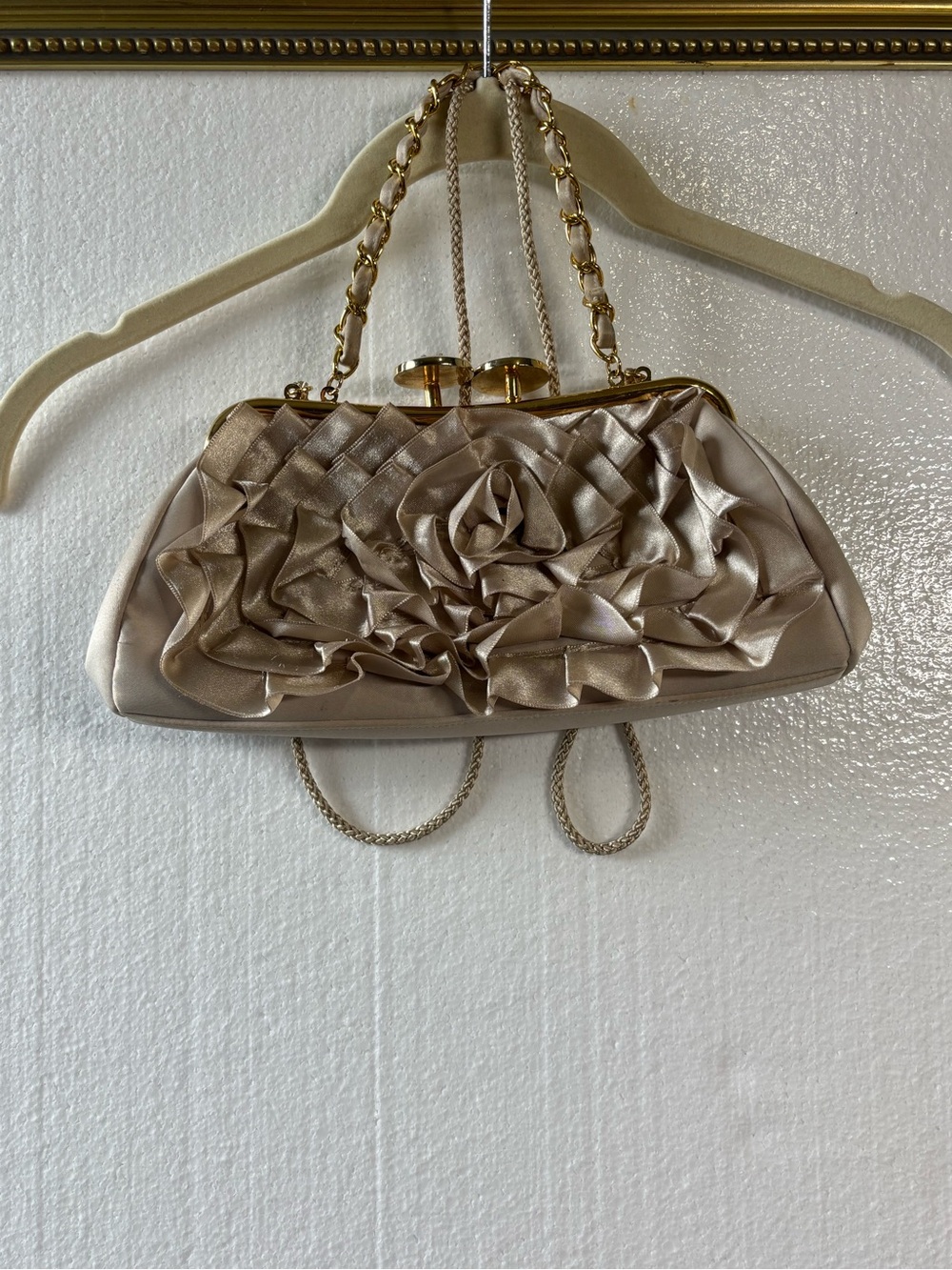 Kate Landry Champagne Satin Rosette Evening Clutch with Gold Chain